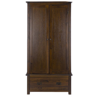 The CHOICEWARDROBE Birtley 90cm 2 Door Wooden Wardrobe in dark brown finish features a spacious bottom drawer and metal handles—a classic, solid design perfect for stylish bedroom storage.