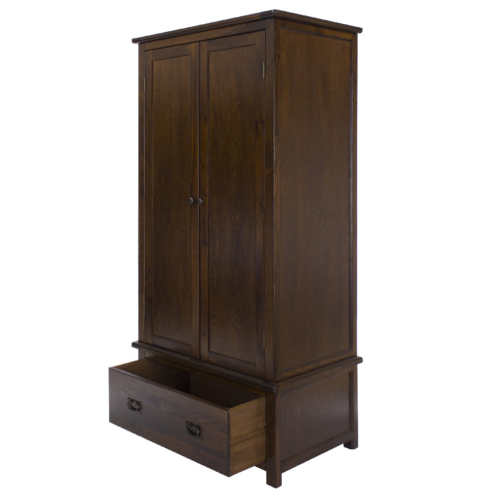 Dark brown wooden wardrobe with two doors and a drawer, featuring classic styling and metal handles.