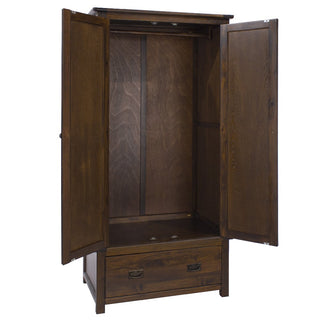 The CHOICEWARDROBE Birtley 90cm 2 Door Wooden Wardrobe in a dark brown finish features an empty interior with a hanging rod and a bottom drawer, offering classic solid bedroom storage in style.
