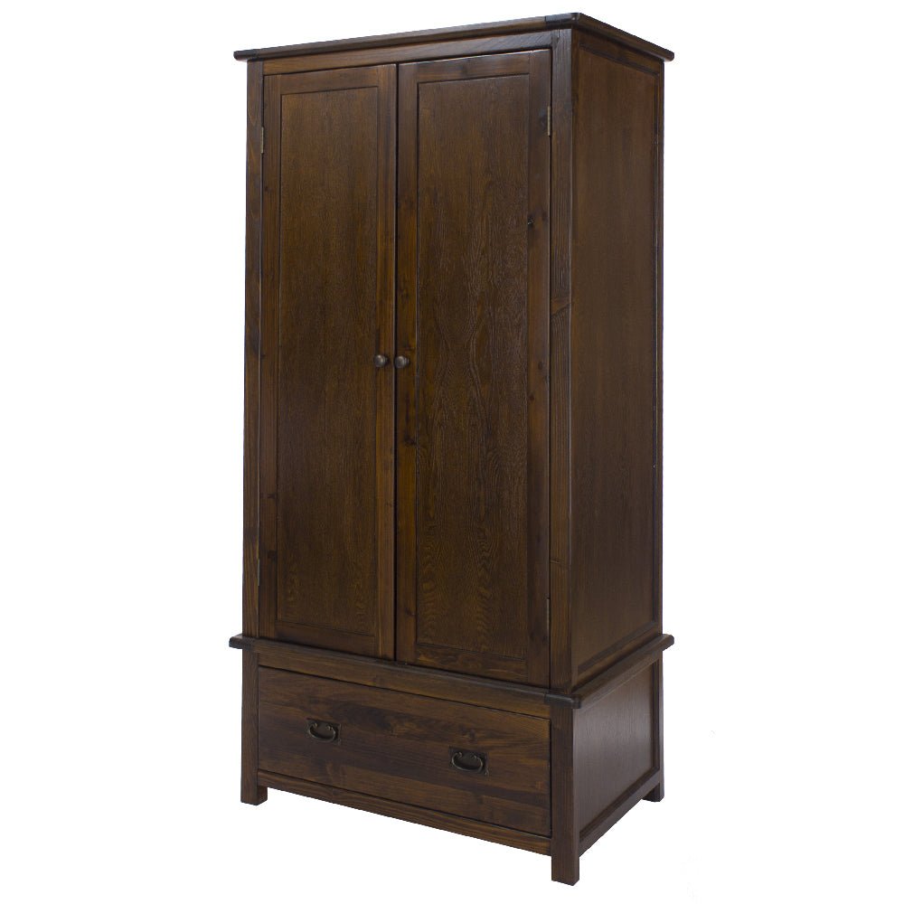 Dark brown two-door wooden wardrobe with a single storage drawer