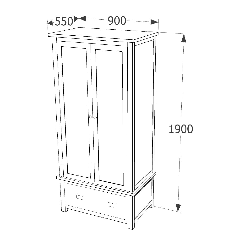 Line drawing of a 2-door wooden wardrobe with drawer. Dimensions: 90cm W x 55cm D x 190cm H.