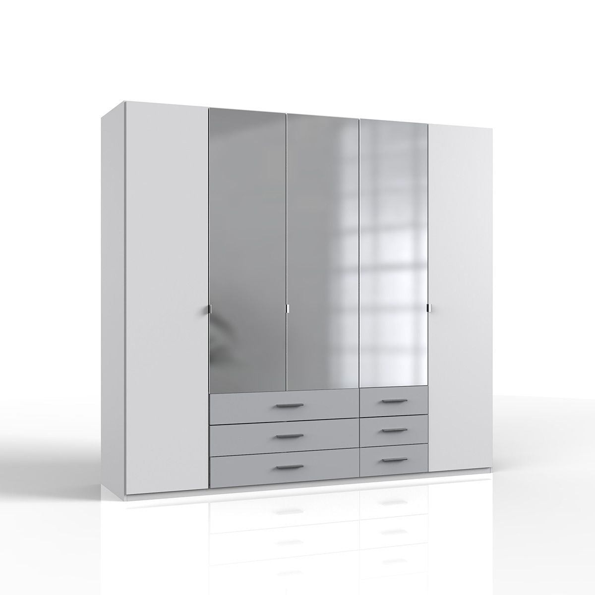 The CHOICEWARDROBE Bonn 5 Door Mirrored Wardrobe in a white & grey two tone finish features a modern design with mirrored doors, six drawers, and hanging rails for a stylish and functional bedroom storage solution.