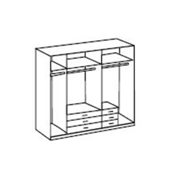 Line drawing of 225cm white and grey 5-door wardrobe interior with rails, shelves, and drawers.