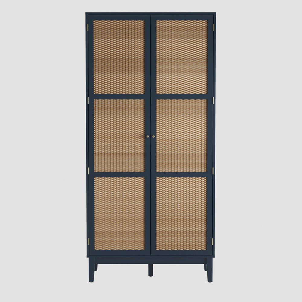Navy blue 2-door wardrobe with rattan-effect panels and central knobs.