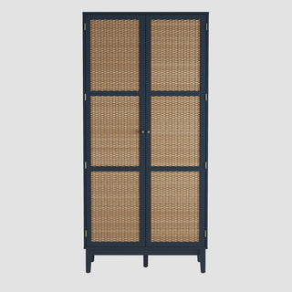 The CHOICEWARDROBE Bordeaux 2 Door Rattan Wooden Wardrobe features a navy blue finish, boho-modern design, woven rattan panels, central knob, four legs, and an 85cm width with a hanging rail.