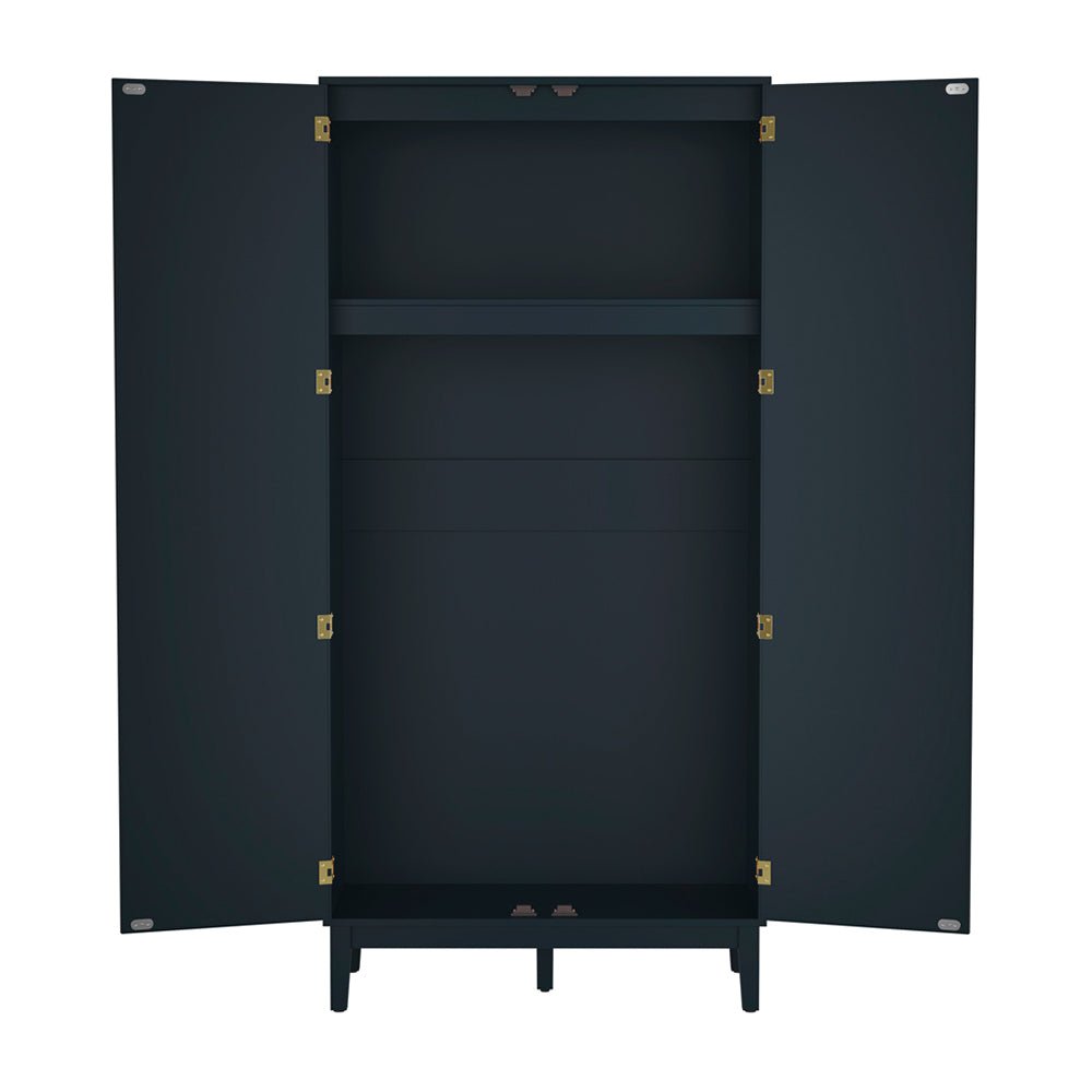 Open navy blue 2 door wardrobe showing internal storage with hanging rail and shelf
