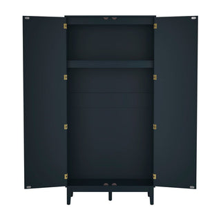 The CHOICEWARDROBE Bordeaux 2 Door Rattan Wooden Wardrobe in Navy Blue reveals an empty interior with a top shelf, hanging rail, and open space below—a chic, boho-modern piece from Furniture in Fashion, 85cm wide.