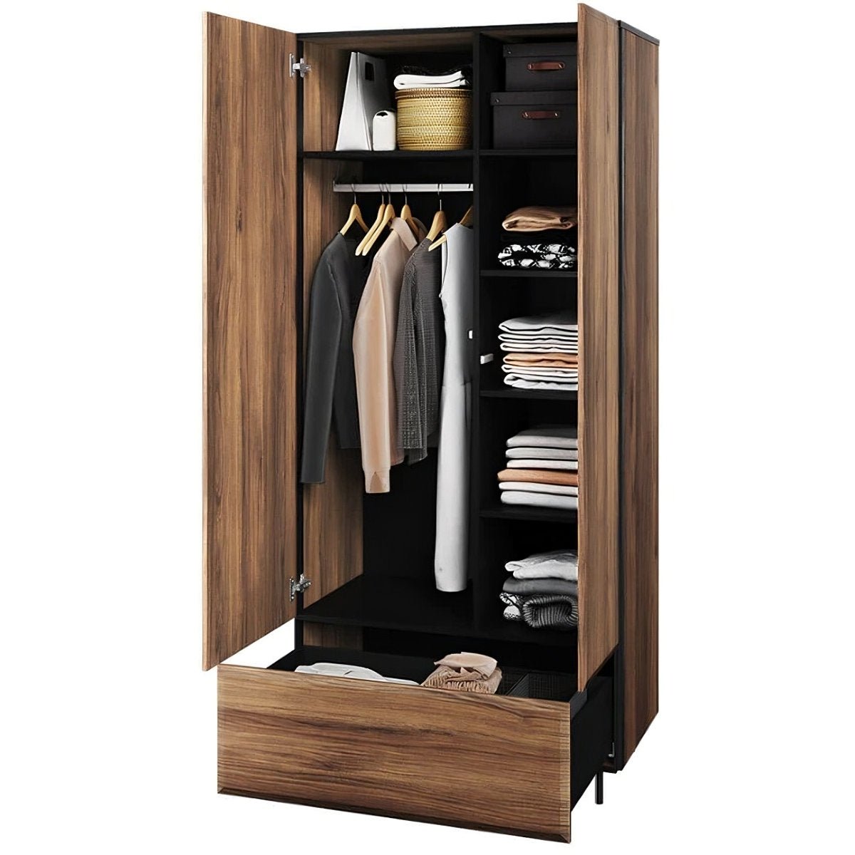 Catania Oak Bravari 2 door wardrobe open showing shelves, hanging rail, and drawer