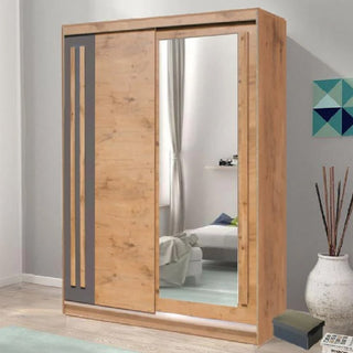 ChoiceWardrobe Brentwood 150cm Sliding Wardrobe in Lancelot Oak with mirrored doors, modern bedroom furniture style.