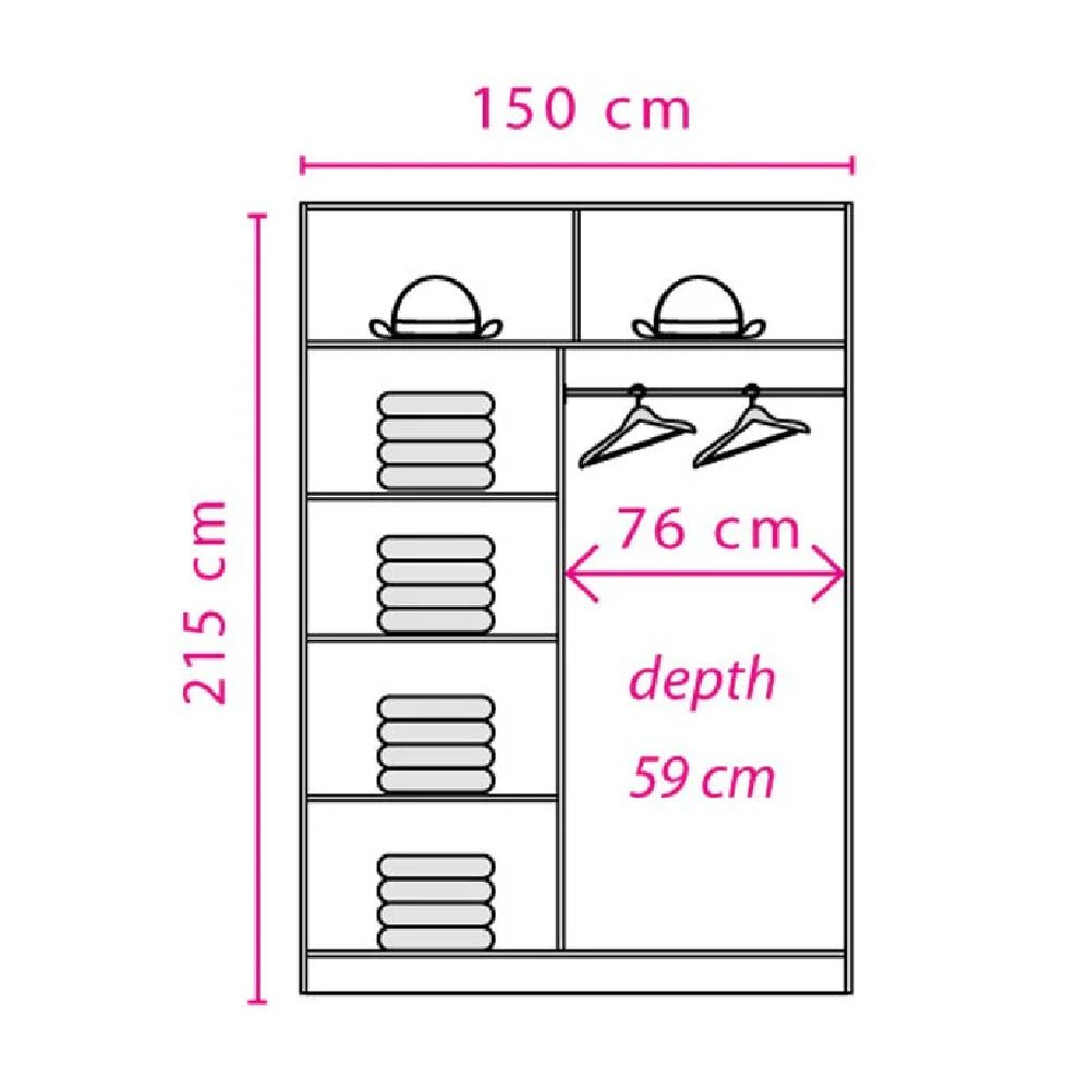 Sonoma Oak 150cm 2-door sliding wardrobe line drawing with mirror, shelves and hanging rail. 150x215x59cm.