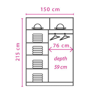 Line drawing of the CHOICEWARDROBE Brentwood 150cm Sliding Wardrobe – Sonoma Oak, 2 doors with mirror, shelves holding folded clothes, a hanging section with two hangers, and two upper compartments with hats. Size: 150x215x59 cm.