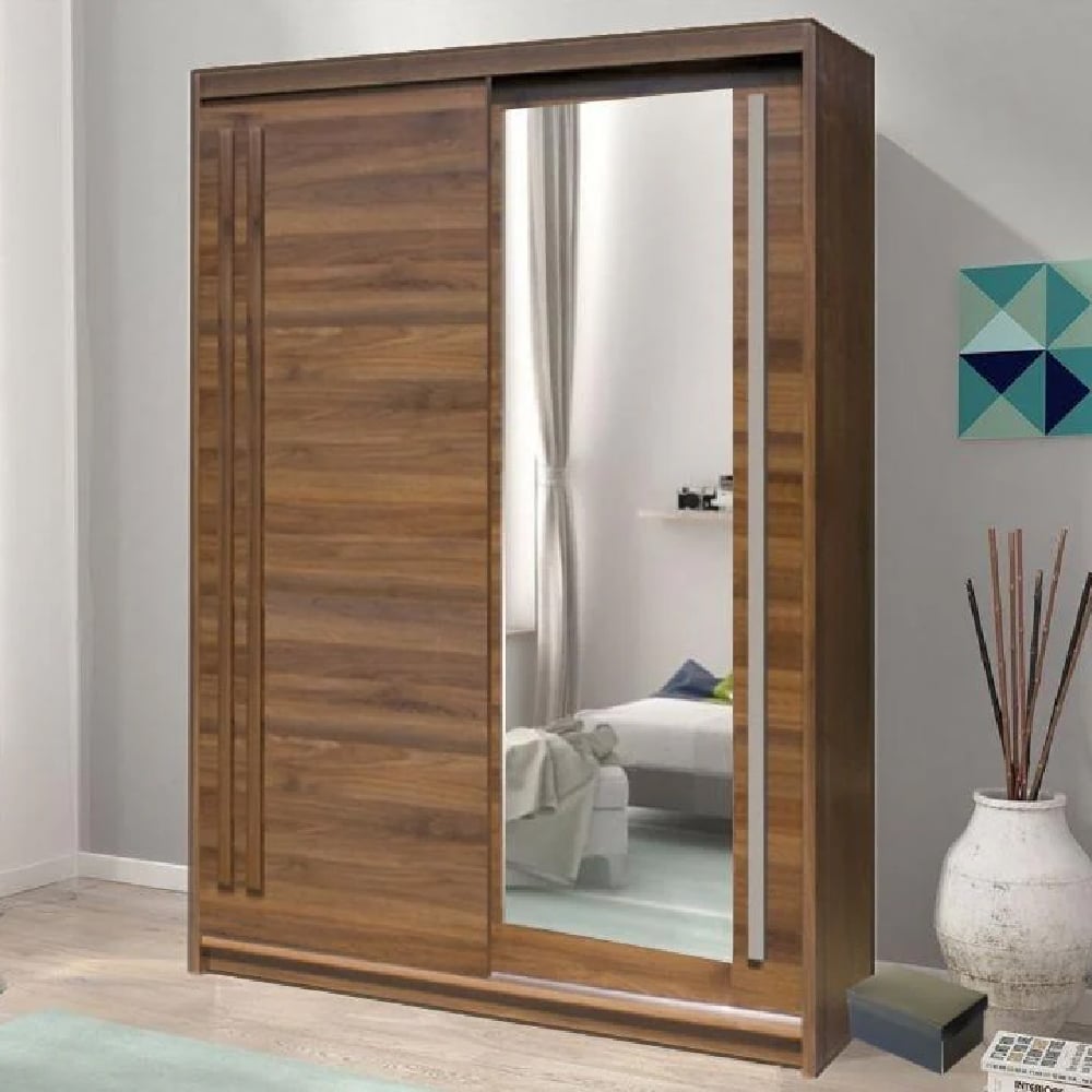 CHOICEWARDROBE Brentwood 150cm sliding wardrobe in walnut finish with a mirrored door.