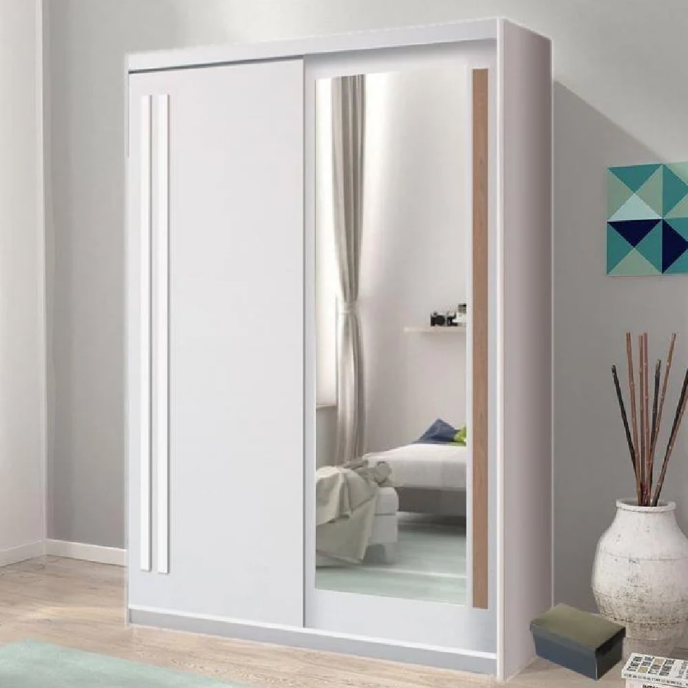 CHOICEWARDROBE Brentwood 150cm sliding wardrobe, white & Anderson Pine, 2 door with mirror.