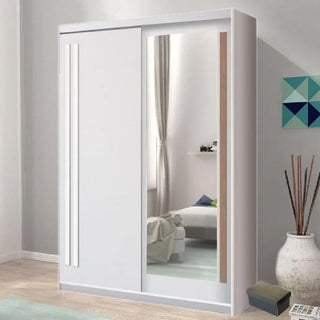 The CHOICEWARDROBE Brentwood 150cm Sliding Wardrobe in White & Anderson Pine features two doors with a full-length mirror, providing modern bedroom storage beside a bed with white bedding, geometric art, light walls, and long curtains by the window.