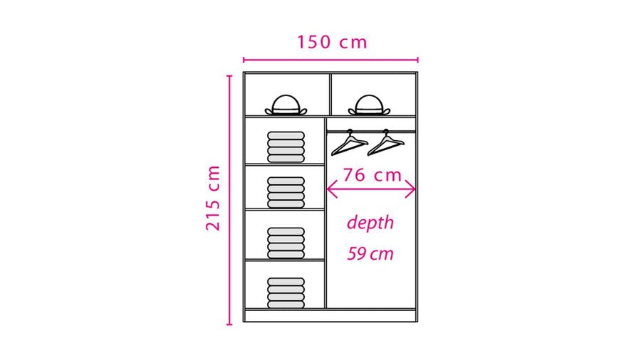 Wardrobe diagram: 150cm width, 215cm height, 59cm depth. 76cm section shown.
