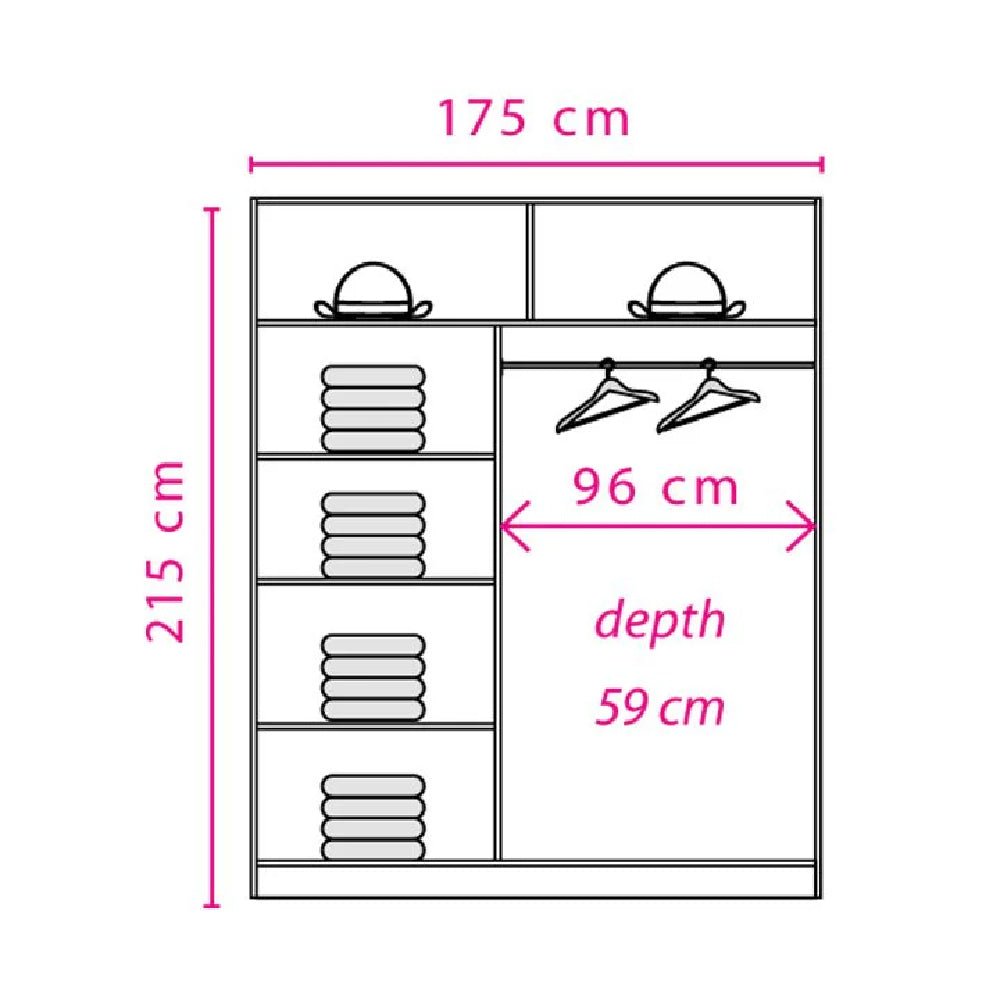 Diagram of CHOICEWARDROBE Brentwood 175cm sliding wardrobe showing dimensions: 215cm H x 175cm W x 59cm D, with shelves and hanging space.