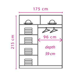 The CHOICEWARDROBE Brentwood 175cm Sliding Wardrobe in White & Anderson Pine features mirrored 2 doors, shelves for folded clothes, two sections for hats, and a 96cm hanging space with hangers. Dimensions: 215h x 175w x 59d cm.