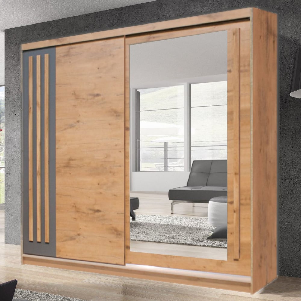 CHOICEWARDROBE Brentwood 200cm sliding wardrobe in Lancelot Oak with mirrored door and dark grey accents.