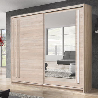 ChoiceWardrobe Brentwood 2 door sliding wardrobe in Sonoma oak with central mirror, styled in a bright modern bedroom.