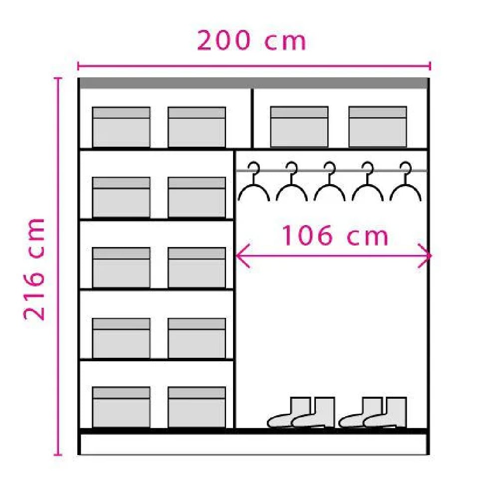 2 door sliding wardrobe in walnut effect with shelves, storage boxes, hanging rail, and shoe space. 200cm width, 216cm height.