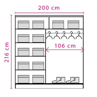 The CHOICEWARDROBE Brentwood 200cm Sliding Wardrobe in Walnut has shelves and storage boxes on the left, a hanging rod with four hangers on the right, and space for three pairs of shoes at the bottom. Features 2 mirrored doors; modern bedroom storage.