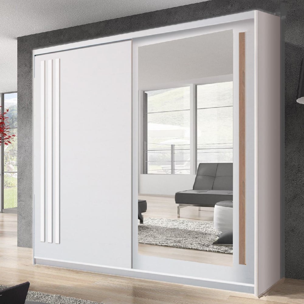 CHOICEWARDROBE Brentwood 200cm sliding wardrobe, white with one mirrored door.