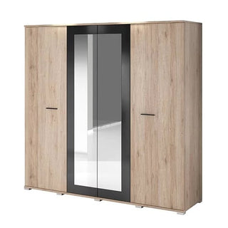 The CHOICEWARDROBE Breslin San Remo Oak 4 Door Mirrored Wardrobe features a light oak finish, basalt frame, two central mirrored doors with black borders, and horizontal handles on outer doors, offering stylish bedroom storage with hanging rail and shelves.