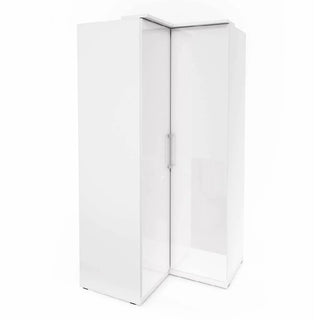 The CHOICEWARDROBE Bristol High Gloss White Corner Wardrobe with LED Lights features a modern L-shaped design, two doors, and a glossy finish. Sleek lines and subtle LEDs make it ideal modern bedroom storage, shown against a plain white background.