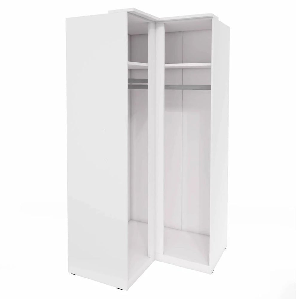 White high gloss corner wardrobe with shelves and hanging rail