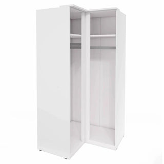 The CHOICEWARDROBE Bristol High Gloss White Corner Wardrobe with LED Lights features two vertical doors, shelves, a hanging rod, and built-in LEDs—offering modern bedroom storage to help organize your space.