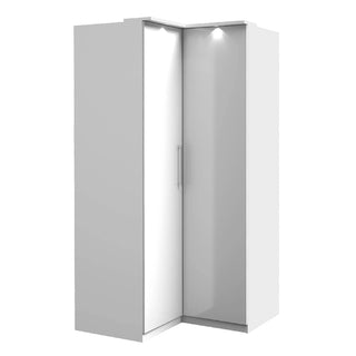 The CHOICEWARDROBE Bristol High Gloss White Corner Wardrobe features 2 doors meeting at a right angle, vertical handles, and built-in LED lights along the top inside edge. This modern bedroom storage unit is shown against a white background.