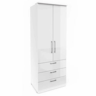 The CHOICEWARDROBE Bristol High Gloss White Wardrobe features LED lights, 2 doors, and 3 drawers with silver handles, offering modern bedroom storage against a plain white background.