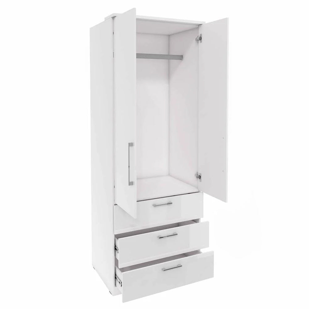 White high gloss wardrobe with 2 open doors, hanging rail, and 3 drawers, one partially open.