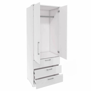 The CHOICEWARDROBE Bristol High Gloss White Wardrobe features 2 open doors, a hanging rod, 3 drawers (2 partially open), and silver handles. Sleek and modern with LED lights, it’s ideal bedroom storage furniture.