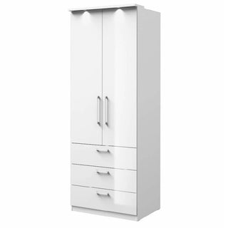 The CHOICEWARDROBE Bristol High Gloss White Wardrobe features 2 doors, 3 drawers with silver handles, built-in LED lights, and a sleek minimalist design—ideal modern bedroom storage.