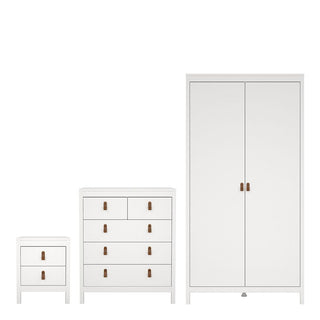 The CHOICEWARDROBE Bronte 3 Piece Bedroom Set includes a white wardrobe, chest of drawers, and bedside table with tan handles, shown side by side against a plain white background.