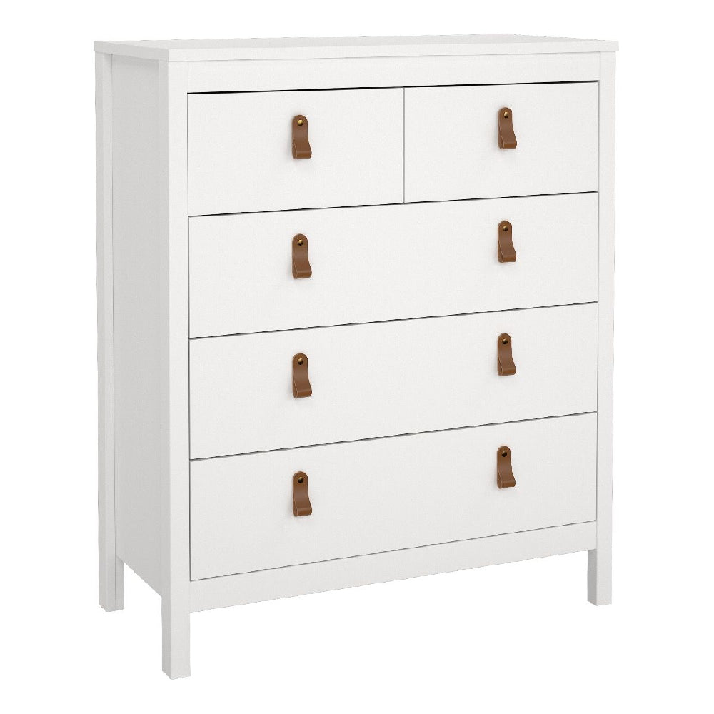White chest of drawers with 3 drawers and tan handles - modern bedroom furniture