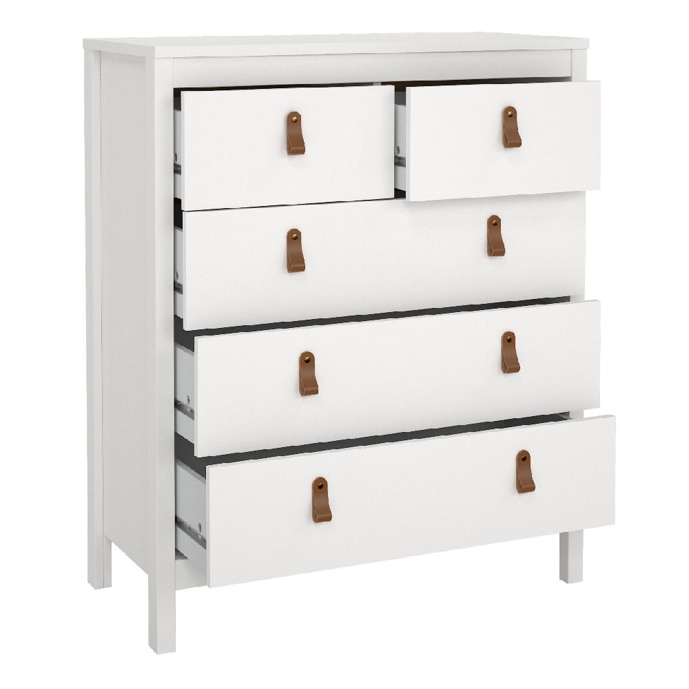 White chest of drawers with five tan leather handles - modern bedroom furniture storage.
