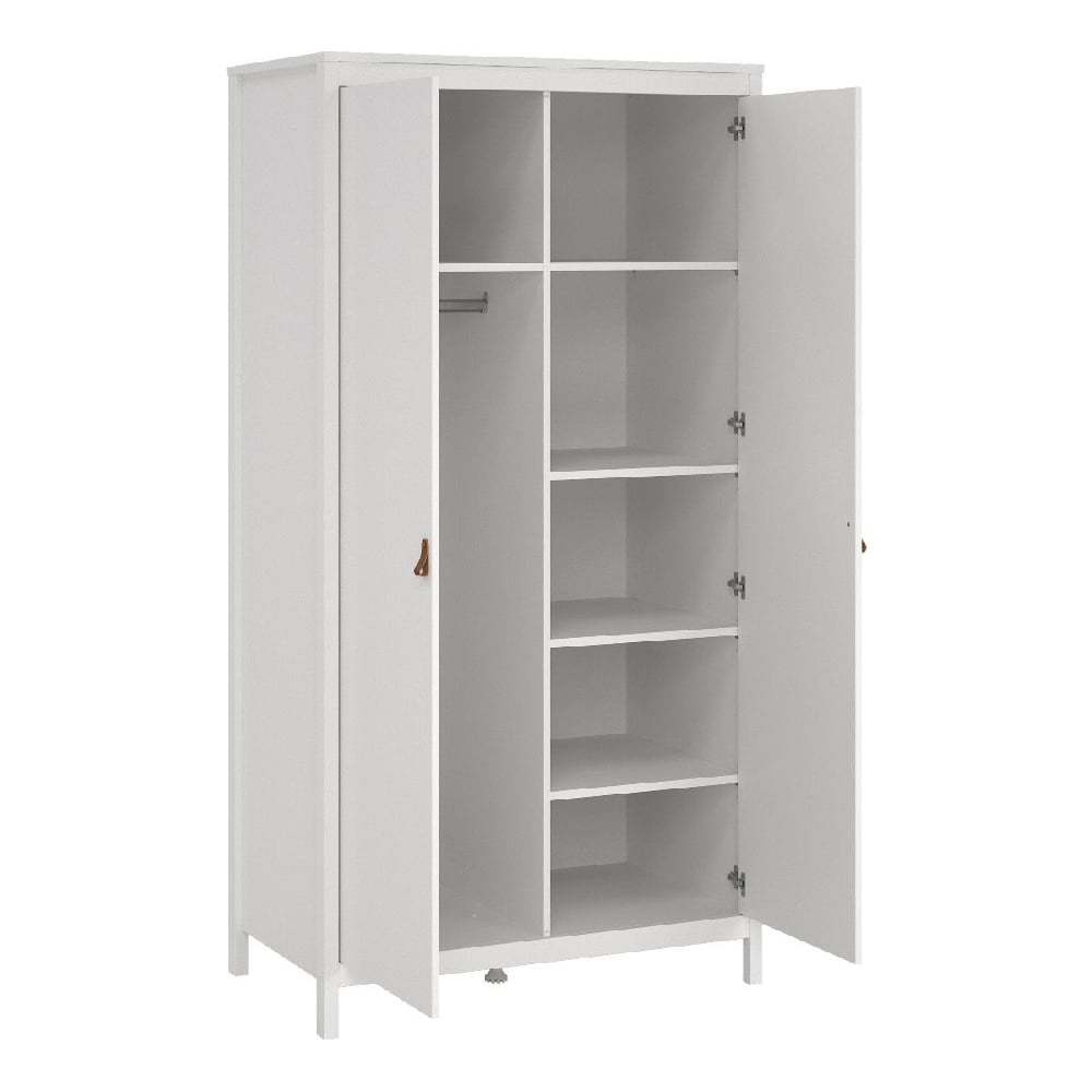 White 2-door wardrobe with tan handles, shelves, and hanging rail from CHOICEWARDROBE Bronte Set.