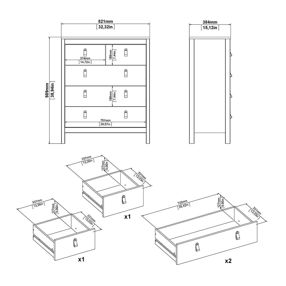 Bronte chest of drawers dimensions: 989mm H x 821mm W x 384mm D technical drawing.