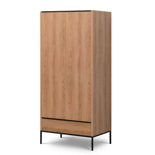 The CHOICEWARDROBE Brooklyn 2 Door Wardrobe features a Caramel Oak wood grain finish, black metal legs, two hinged doors, and bottom drawer storage for a sleek, modern look.