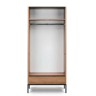 The CHOICEWARDROBE Brooklyn 2 Door Wardrobe in Caramel Oak & Black Metal features a top shelf, central hanging rod, bottom drawer, and stands on four black metal legs against a plain background.