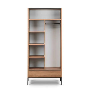 The CHOICEWARDROBE Brooklyn 2 Door Wardrobe features caramel oak, open shelves on the left, a hanging rod on the right, a spacious lower drawer, and black metal legs for stylish bedroom storage against a plain background.