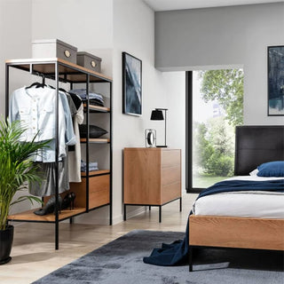 ChoiceWardrobe Brooklyn Industrial Open Wardrobe styled in modern bedroom with black metal frame and oak finish