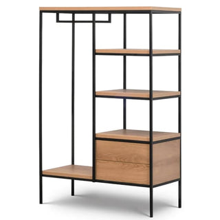 Industrial open wardrobe in black metal and caramel oak with shelves and two drawers.