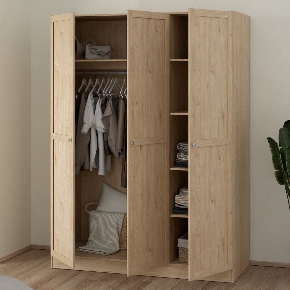 CHOICEWARDROBE Burbank 147cm 3 door Hickory Oak wardrobe open showing hanging rail and shelves.