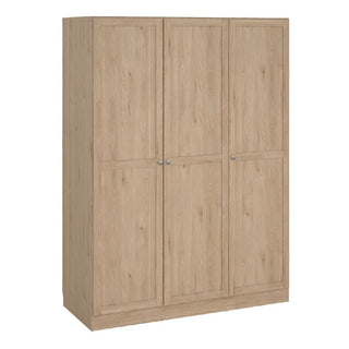 The CHOICEWARDROBE Burbank 147cm 3 Door Wooden Wardrobe in hickory oak finish offers hanging rail and shelving storage with a versatile, functional design for organized living.