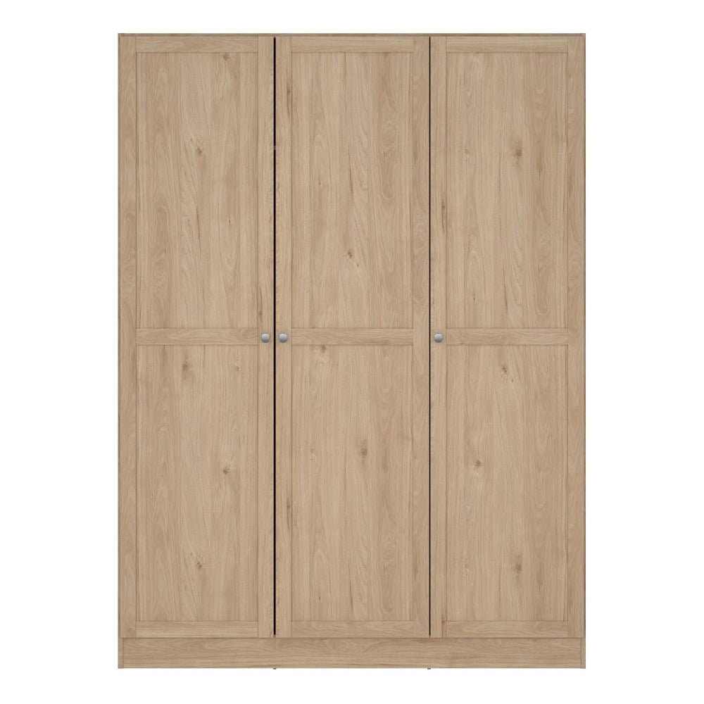 CHOICEWARDROBE Burbank 147cm 3 door wooden wardrobe in Hickory Oak finish with panelled doors and round handles.