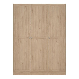 The CHOICEWARDROBE Burbank 147cm 3 Door Wooden Wardrobe features a light Hickory Oak finish, panel design, round metal handles, a hanging rail, and shelving storage.