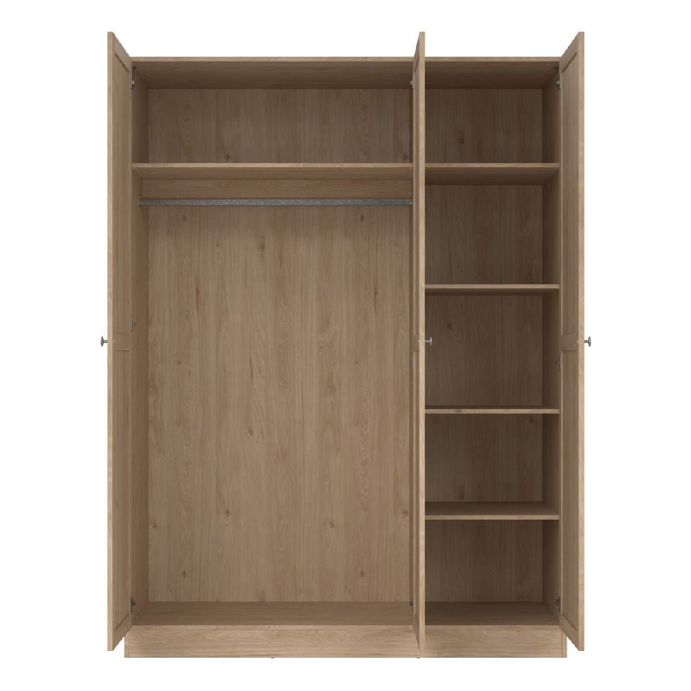 CHOICEWARDROBE Burbank 3 door wardrobe in Hickory Oak finish showing hanging rail and shelving